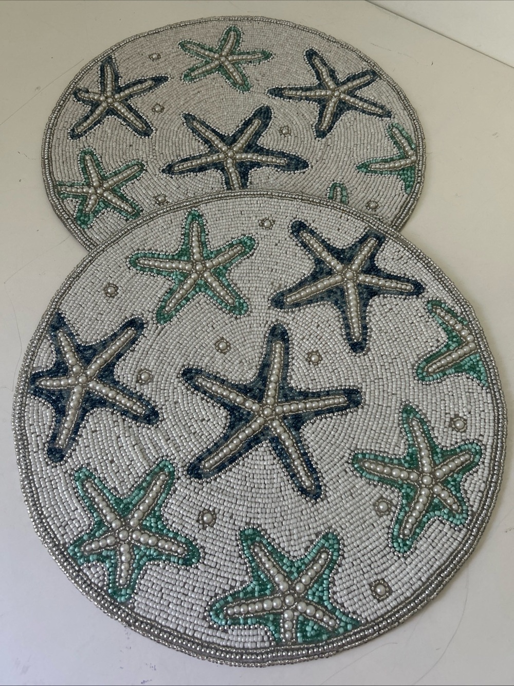 2 Tahari Glass Beaded Starfish Placemats Chargers Coastal Summer Set of 2 NEW